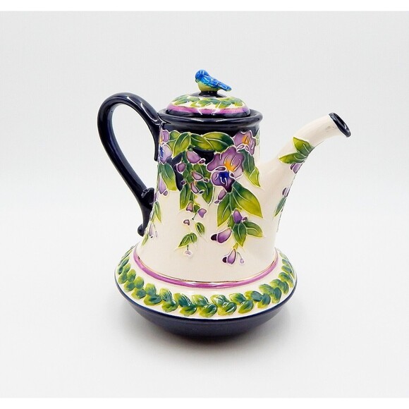 Blue Sky Wisteria Teapot Floral Blue Bird Kitchen Home Coffee White Green Purple - Picture 1 of 8